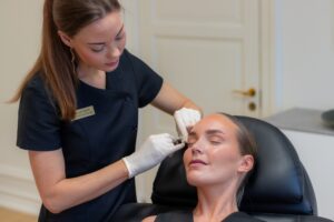 Kosmetisk sygeplejerske Desiree Hove giver botox ved øjets yderkant, patienten ligger i behandlingsstolen