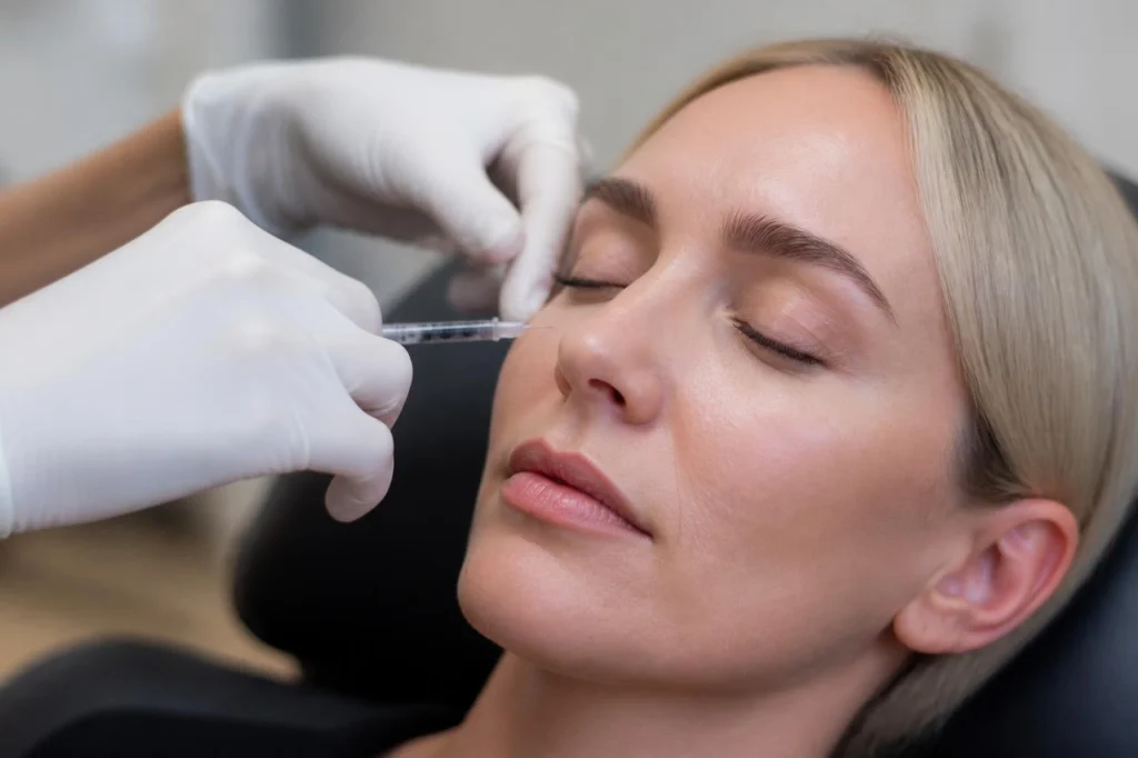 Kosmetisk sygeplejerske gør klar til botox mod bunny lines på siden af næsen