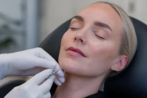 Kosmetisk sygeplejerske gør klar til botox i hagen mod dimpled chin
