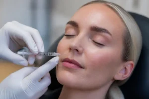 Kosmetisk sygeplejerske gør klar til lip flip med botox over overlæben
