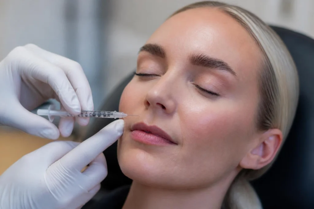 Kosmetisk sygeplejerske gør klar til lip flip med botox over overlæben