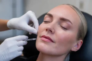 Kosmetisk sygeplejerske gør klar til botox ved mundvigen