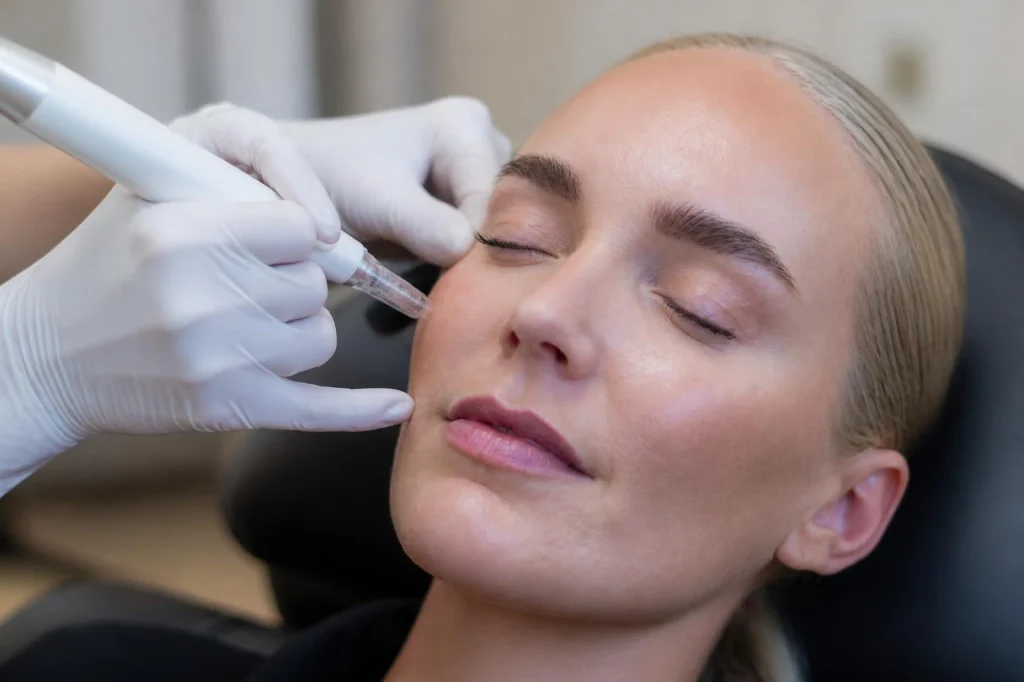Medicinsk microneedling med pen på kinden