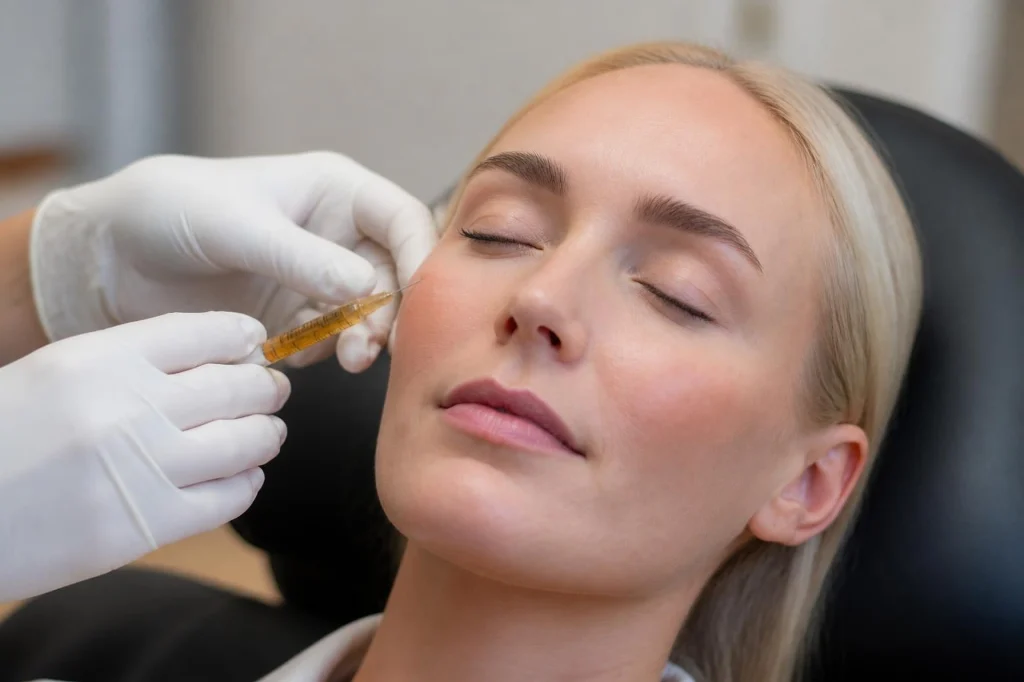 Kosmetisk sygeplejerske gør klar til PRP skinbooster ved kinden
